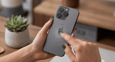Double-tapping the back of an iPhone to open ExpenTrace's quick log sheet