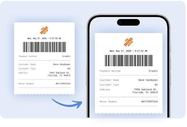 A paper receipt from The Home Depot being turned into a saved receipt on an iPhone